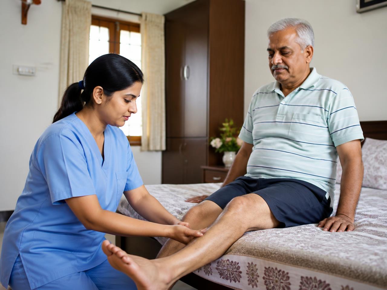 Physiotherapist providing home-based rehabilitation to a patient in Noida